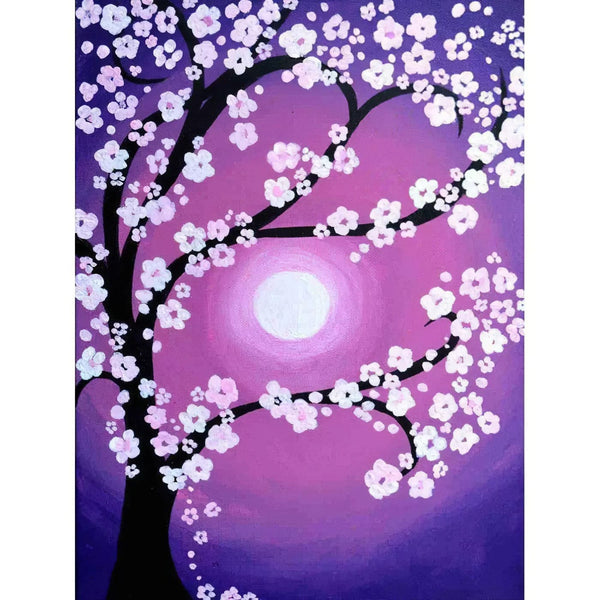 Arbre Fleur Rose Et Lune Diamond Painting Broderie Diamant