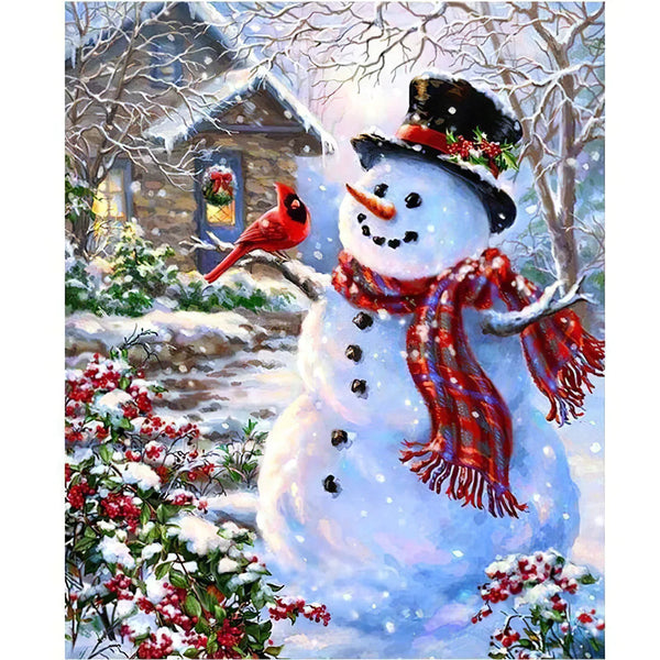 Bonhomme de neige avec oiseau rouge Diamond Painting Broderie Diamant