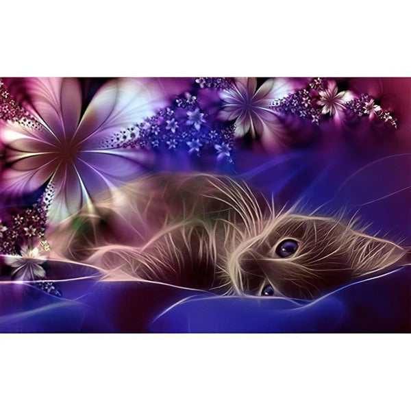 Chat Allongé & Fleurs Diamond Painting Broderie Diamant