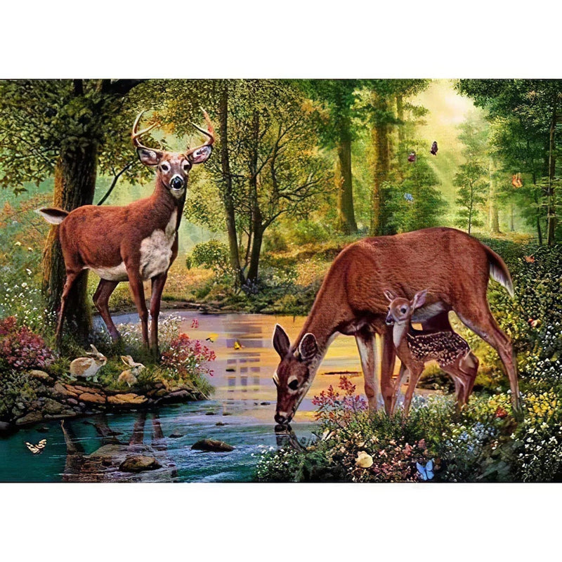 Des Cerfs se Désaltérant dans la Forêt Diamond Painting Broderie Diamant