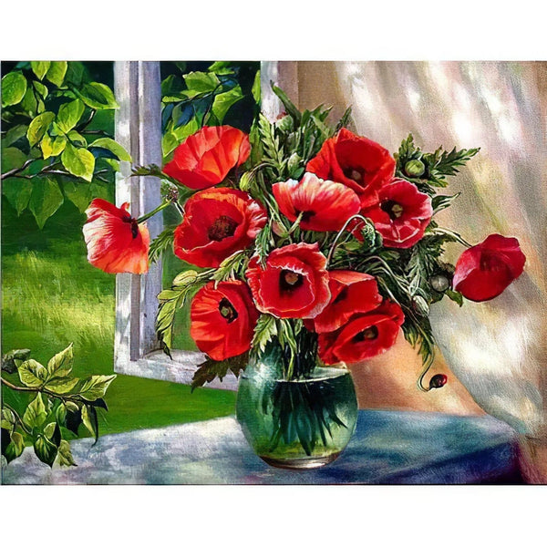 Des Fleurs Rouges dans un Vase Diamond Painting Broderie Diamant