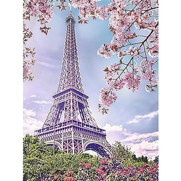 Fleurs de cerisier avec tour Eiffel Diamond Painting Broderie Diamant