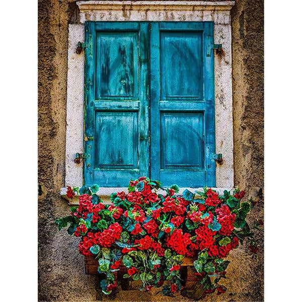 Fleurs rouges dans la fenêtre Diamond Painting Broderie Diamant