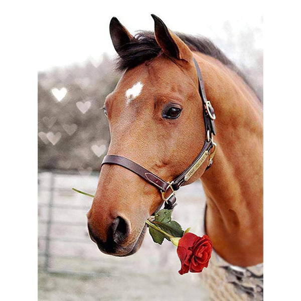 Le cheval ramasse la rose avec sa bouche Diamond Painting Broderie Diamant