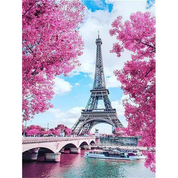 Tour Eiffel & fleurs roses Diamond Painting Broderie Diamant