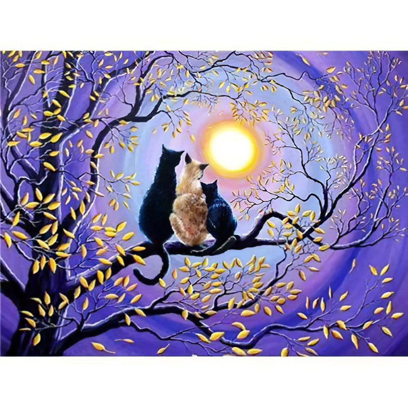 Trois chat assis sur un arbre au clair de lune Diamond Painting Broderie Diamant