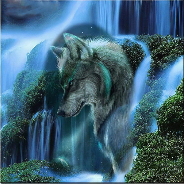 Un Loup au Bord d'une Cascade Diamond Painting Broderie Diamant