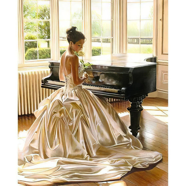 Une Jeune Fille avec sa Magnifique Robe Jouant du Piano Diamond Painting Broderie Diamant