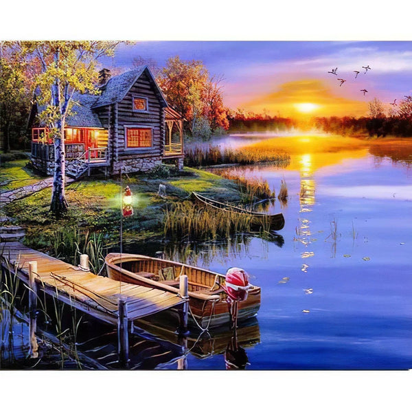 Une Maison au Bord d'un Lac au Coucher du Soleil Diamond Painting Broderie Diamant